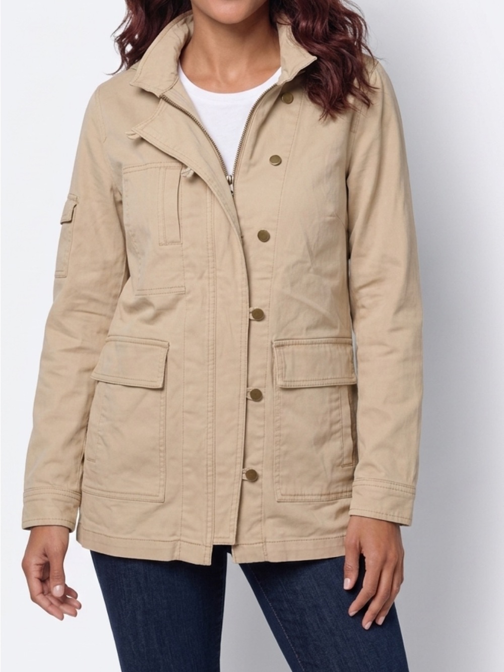 Women's Beige Utility Jacket - Casual Button & Zip Coat with Hood